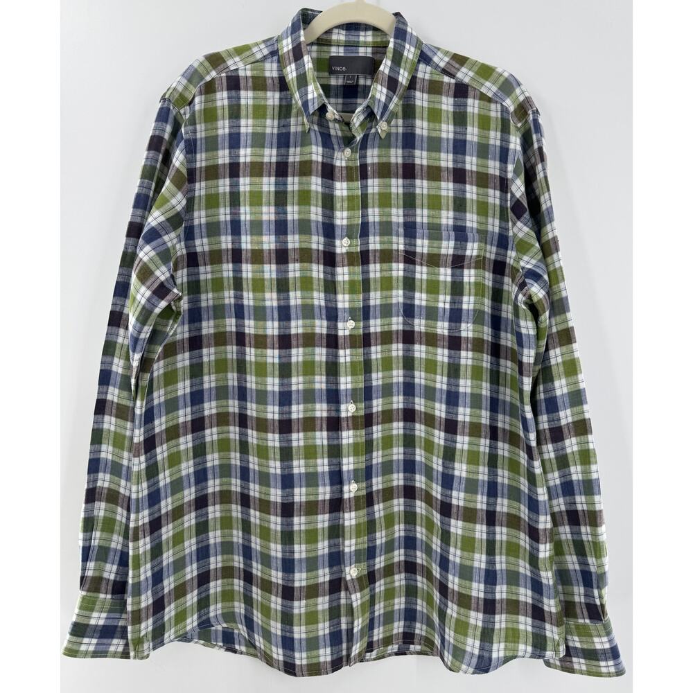 Vince Mens Linen Plaid Shirt Button Down Green Blue Long Sleeve Shirt Large